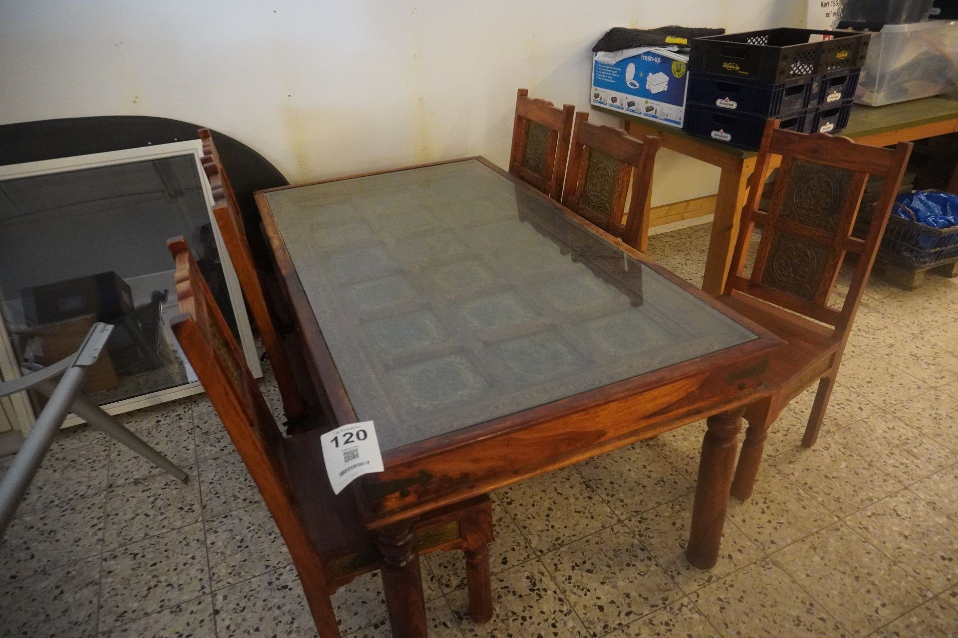 nøgen Vurdering lounge Antik spisebord med messingplader/indsæt inkl. 6 stk. stole - KJ Auktion -  Maskinauktioner