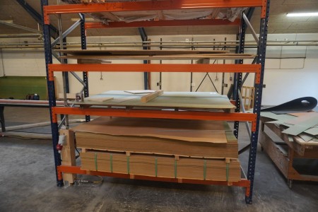 Contents on pallet rack of various wooden boards