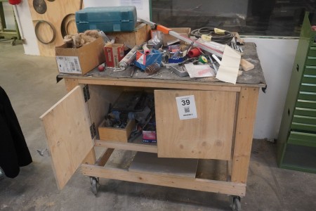 Wooden workshop trolley with contents