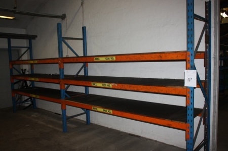 2 sections pallet rack without content. 12 beams, length: 273 cm, max. 1000 kg. Wooden panels. Height: 243 cm. Depth: 80 cm