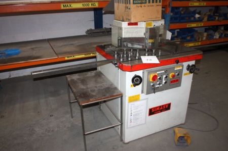 Notching Machine Simasv AV 220-6PA. Sawing and punching of sheet up to 3.5 mm. Model V-PA type 226th SN: C1525. Work table: 950 x 890 mm. Year 1996. Machine weight: 960 kg.  Operation Instruction included. For reference:  http://www.youtube.com/watch?v=bR