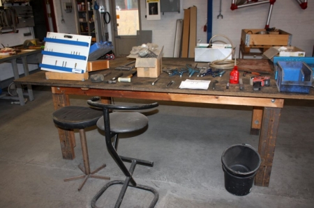 Arbejdsbord med indhold: diverse håndværktøj, svejsetænger, fræseværktøj