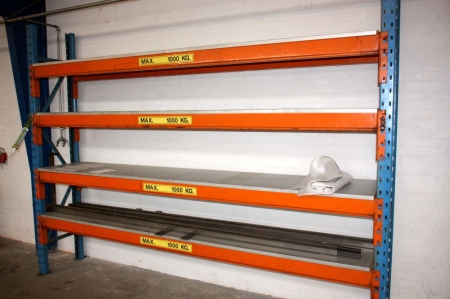 Pallet rack for half pallets, width approx. 300 cm. 8 beams. Max. 1000 kg. Plate Shelves