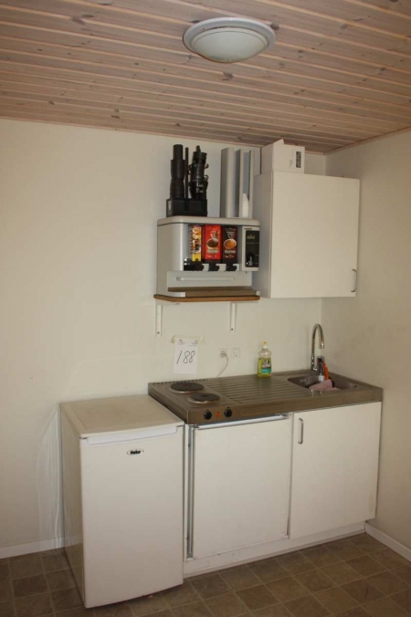 Refrigerator + stove + worktop with sink + cabinet + refrigerator in cabinet + cabinet under the sink