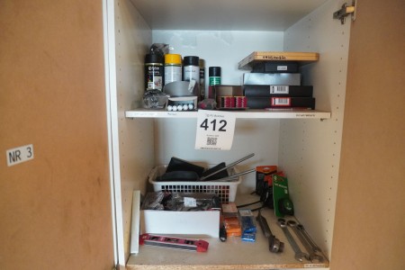 Contents on 2 shelves of various measuring tools, safety glasses, peeling keys, etc.