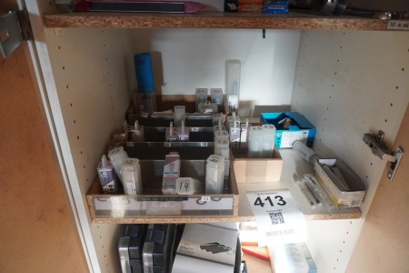 Contents on 3 shelves of various drills, milling heads, etc.