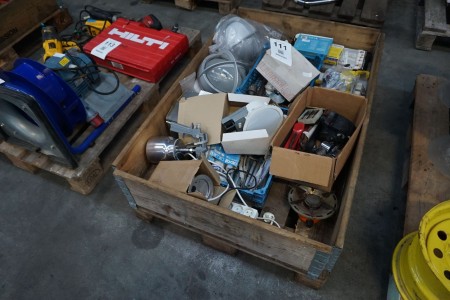 Pallet with various lamps, cup drills etc.