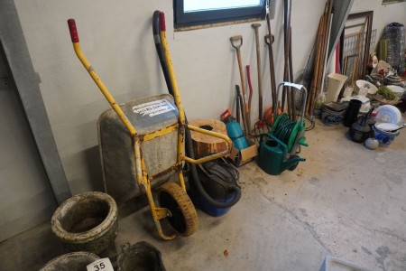 Various tools, hose reels, wheelbarrows, vacuum cleaners, etc.