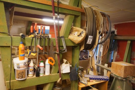 Various clamps, saws, window moldings, etc.
