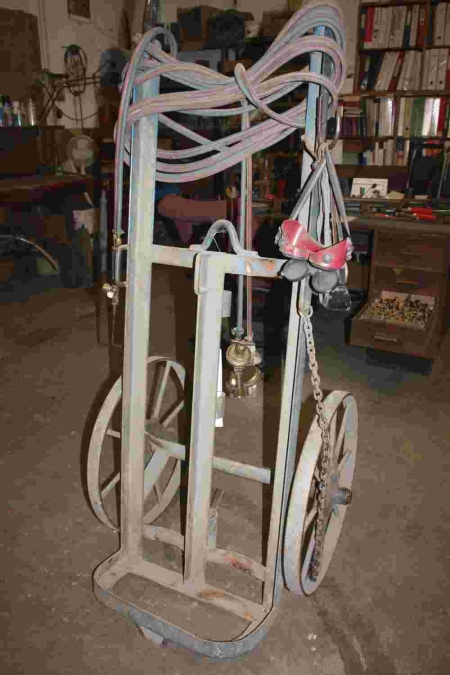 Oxygen and acetylene cart with hoses and pressure gauge