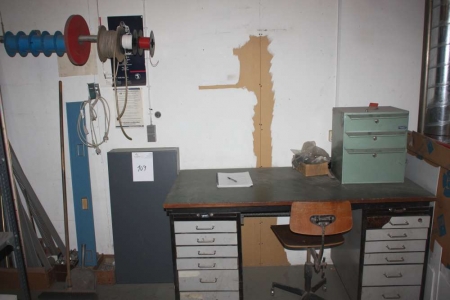 2 shelves with various fittings, valves, etc. - including table