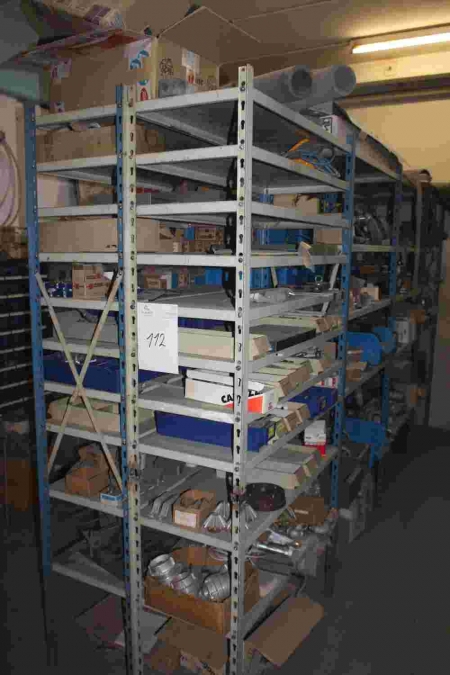 8 section steel rack containing screws, bolts, nails + fittings for air tools, rivets, etc.