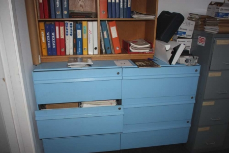4 filing cabinets, desks + 3 section wooden bookcase. Paper not included
