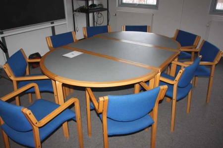 Conference table + 9 chairs with blue fabric + TV + VHS video. Writing Slate on wheels + 2 x display canvas