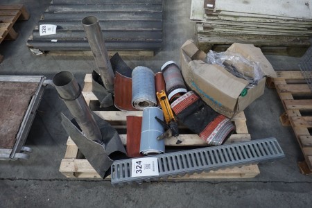 Pallet with various roofing felt, pegs & drains etc.