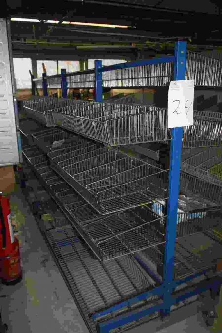 Shop Rack with wire baskets on both sides. 4 sections, approx. 90 cm. Mounted on wheels