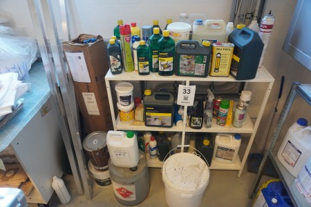 Reol med indhold af diverse rengøringsmidler mv.