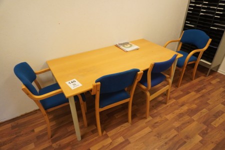 Dining table with 5 chairs, bookcase & notice board