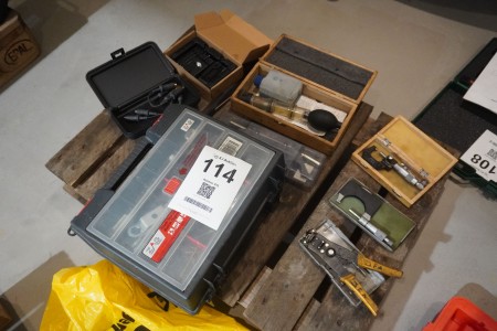 Tool box, stripping pliers, measuring tools, etc.