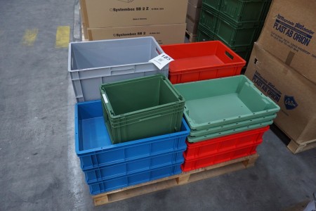 Pallet with various plastic boxes