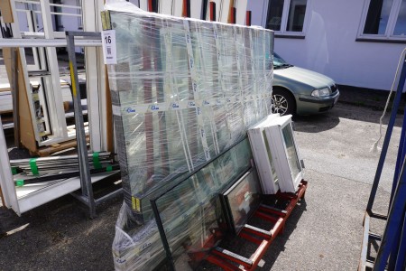 Lot frames for window sections + various glasses on a stand