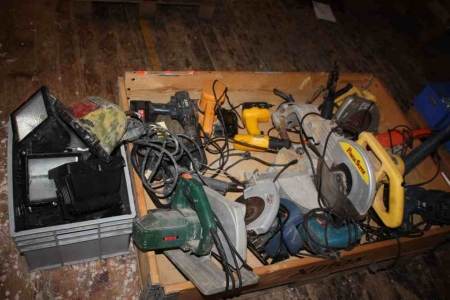 Pallet with mixed power tools and work lights. Condition unknown
