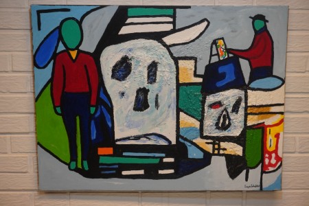 Maleri i olie/akryl, navn: I byen 2, kunstner: Tage Johansen