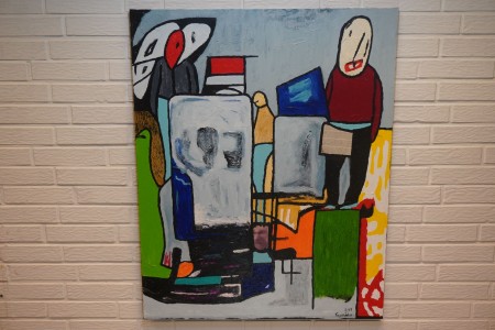 Maleri i olie/akryl, navn: I byen 1, kunstner: Tage Johansen