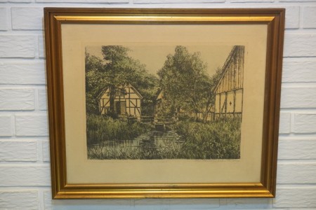 Picture in unknown material and unknown artist, motif: Watermill