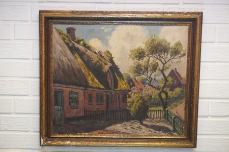 Maleri i olie/akryl, navn: Landsbyen, kunstner: V. Albertsen