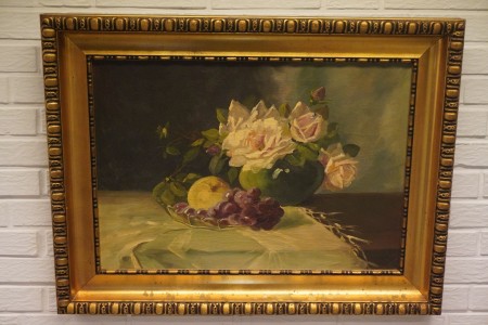 Maleri i olie/akryl, navn: Frugt og blomster, kunstner: L. Fisher