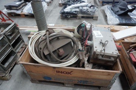Pallet with various switchboards, cables, hoses, pipes, etc.