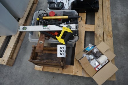 Box with various hand tools & power tools, etc.