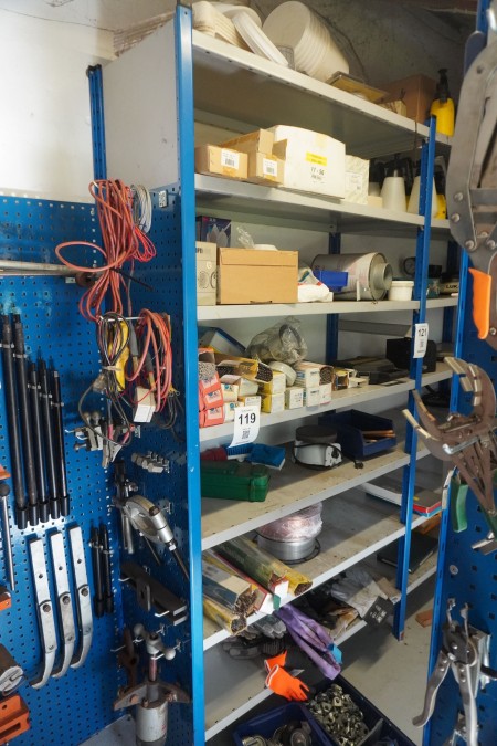 Contents on 7 shelves of various welding electrodes, welding wire, cup drills, meshes, bags etc.