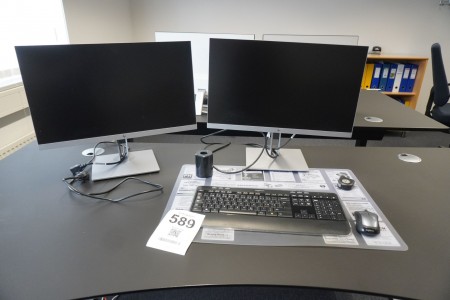 2 computer monitors, Brand: HP, Model: E233 + keyboard & mouse, Brand: Logitech