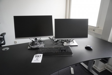 2 computer monitors, Brand: HP, Model: E233 Monitor + keyboard & mouse, Brand: Logitech