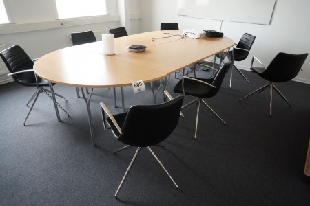 Konferenztisch + 8 Stühle Marke: Ventus Denmark, Modell: Down black pu & polierter Stahlrahmen