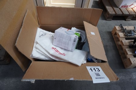 Box with various vacuum cleaner bags, ventilation elements, etc.