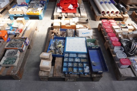 Pallet with various fittings, screws, assortment boxes, etc.