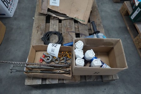 Angle grinder, 6 cans of marking spray & box with various shackles, drills, etc.