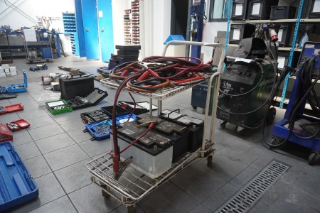 Trolley with 3 pcs. batteries + various starter cables