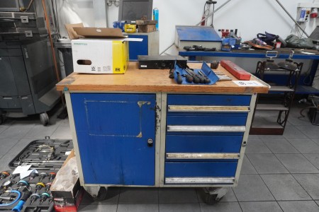 Wooden workshop rolling table with contents
