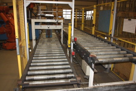 2 x Sections of Powered Pallet Roller Conveyor, 7800 mm Long x 800 mm Wide + Safety Grid with 3 Noice Reducing Sliding Doors + 1 Grid Sliding Door + 5 Noice Reducing Sections + Laser Safety Sensors, Jokab Safety Passiv Robust, Year of Manufacture: 2002