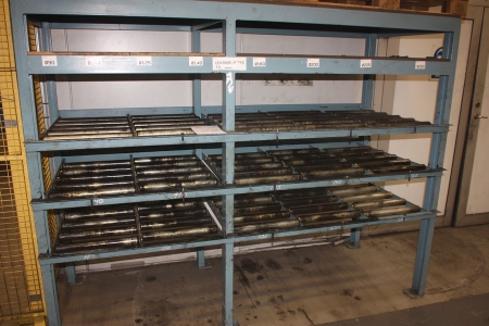 Steel Shelving, 3 shelves with roller conveyor, 5 sections, roll width: 420 mm width approx. 2300 mm. Height approx. 1830 mm. Shelf with wood, depth approx. 900 mm
