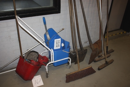 Various cleaning supplies, brooms, shovels, etc.