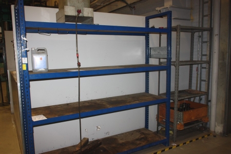 2 section steel shelves, height approx. 2180 x width approx. 2050 x depth approx. 590 mm + steel shelves, height approx. 2000 x width approx. 900 x depth approx. 440 nm