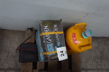 Backpack sprayer, gas bottle and 12 v battery charger