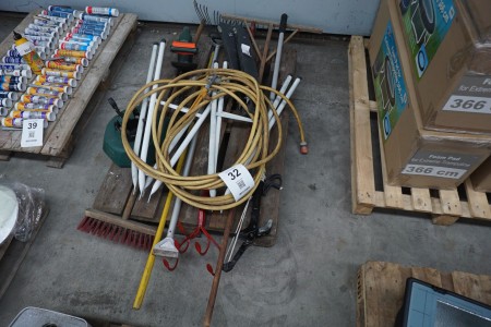 Hedge clippers, rake, Christmas tree stand, water hose, etc.