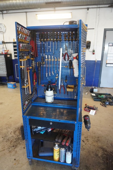 Workshop cabinet on wheels with contents