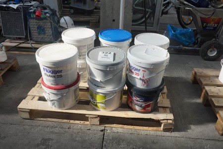 Various buckets of paint, ceiling and wall